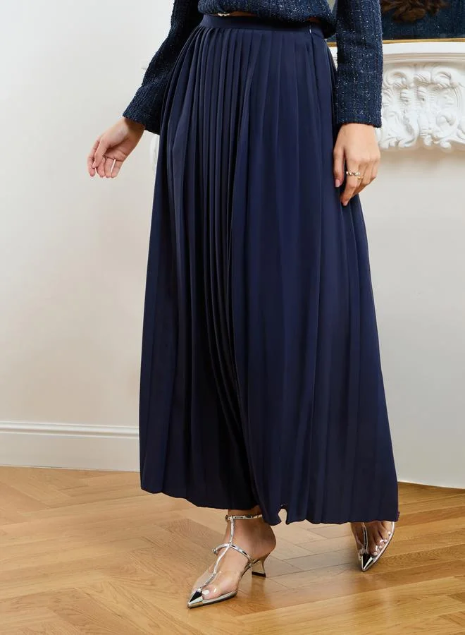 Styli Navy Blue Women Navy Blue Tweed Top and Pleated Skirt Co-Ords for Women | Best Price UAE